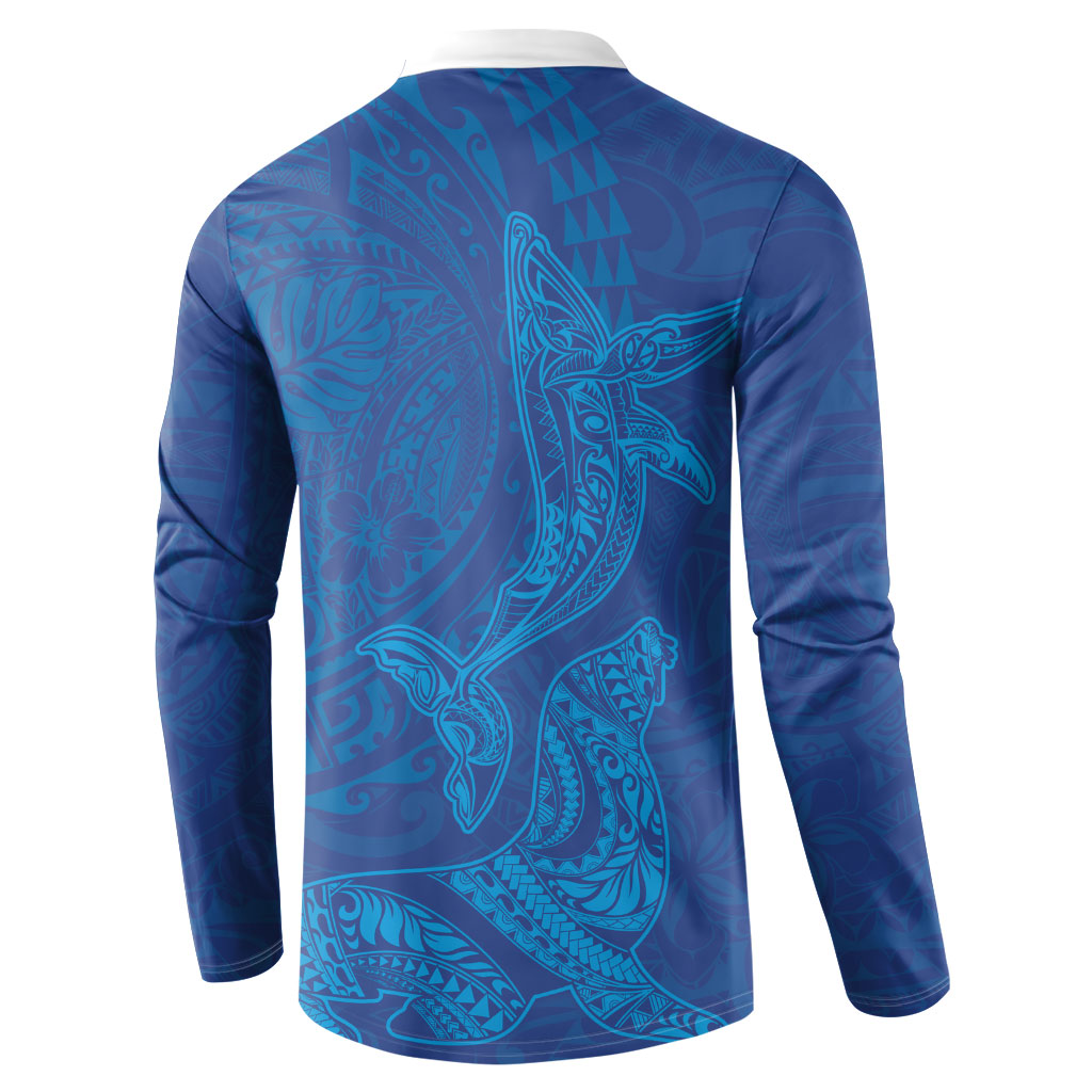 Hawaiian Monk Seal and Whale Button Sweatshirt Kakau Tribal Pattern Blue Color LT03 - Polynesian Pride
