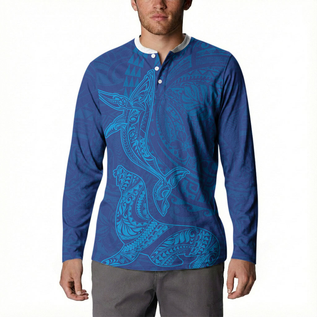 Hawaiian Monk Seal and Whale Button Sweatshirt Kakau Tribal Pattern Blue Color LT03 - Polynesian Pride