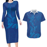 Hawaiian Monk Seal and Whale Couples Matching Long Sleeve Bodycon Dress and Hawaiian Shirt Kakau Tribal Pattern Blue Color