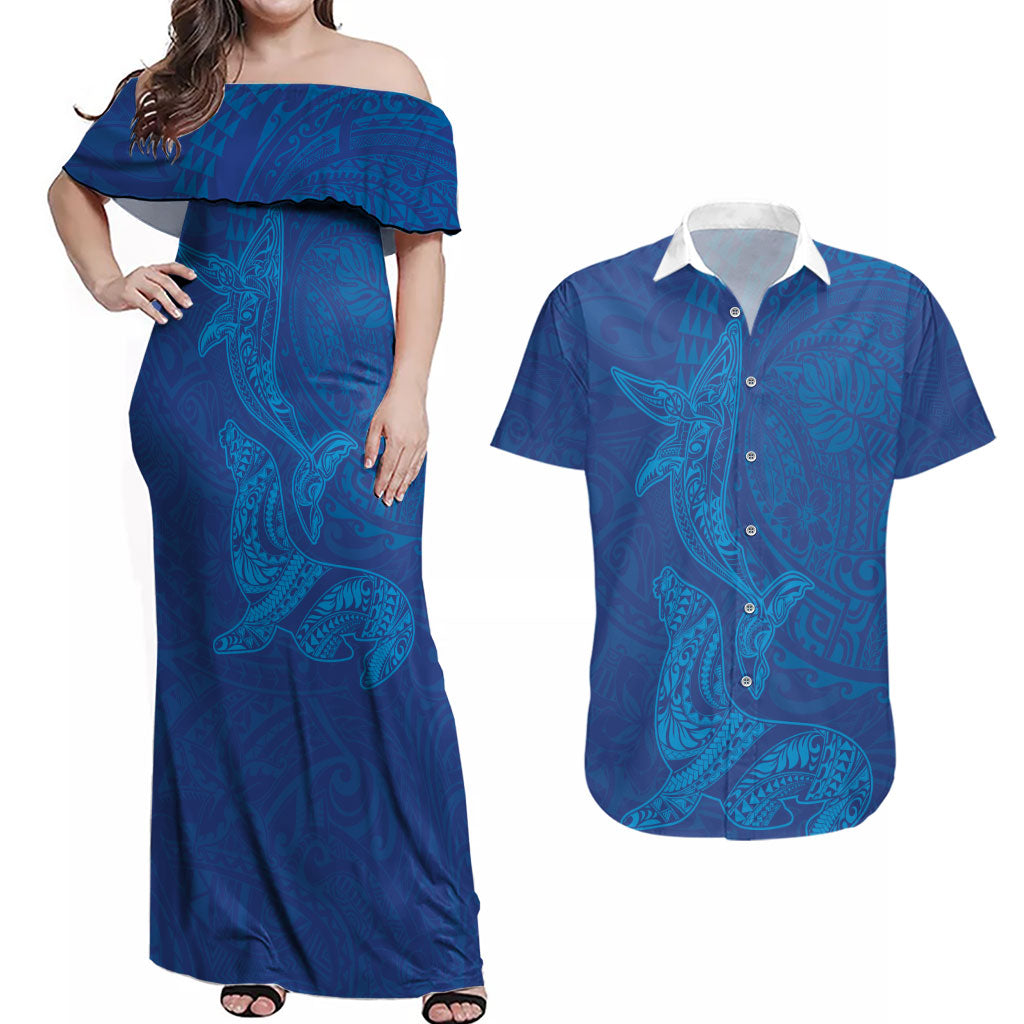 Hawaiian Monk Seal and Whale Couples Matching Off Shoulder Maxi Dress and Hawaiian Shirt Kakau Tribal Pattern Blue Color