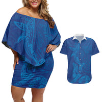 Hawaiian Monk Seal and Whale Couples Matching Off Shoulder Short Dress and Hawaiian Shirt Kakau Tribal Pattern Blue Color