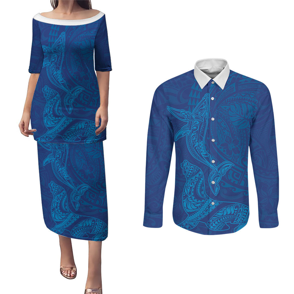 Hawaiian Monk Seal and Whale Couples Matching Puletasi and Long Sleeve Button Shirt Kakau Tribal Pattern Blue Color LT03 Blue - Polynesian Pride