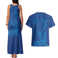 Hawaiian Monk Seal and Whale Couples Matching Tank Maxi Dress and Hawaiian Shirt Kakau Tribal Pattern Blue Color