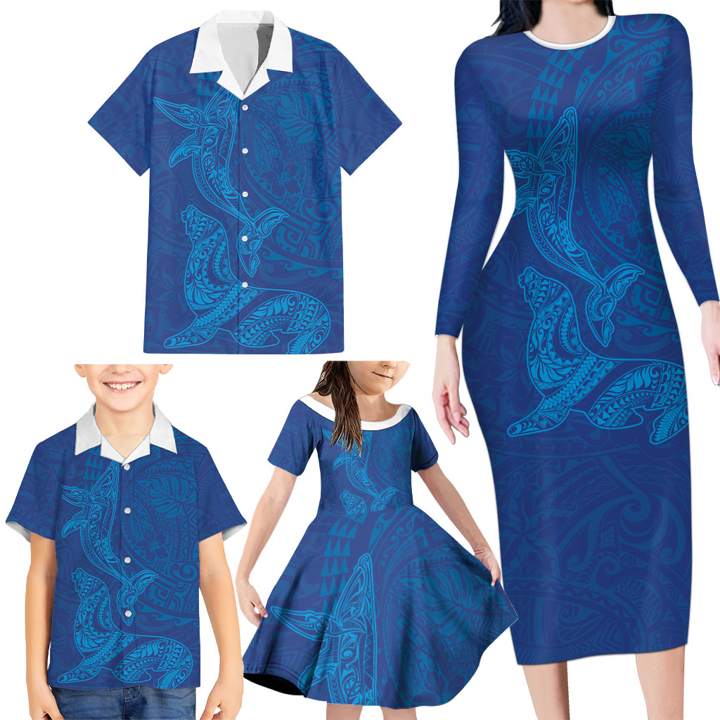 Hawaiian Monk Seal and Whale Family Matching Long Sleeve Bodycon Dress and Hawaiian Shirt Kakau Tribal Pattern Blue Color