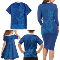Hawaiian Monk Seal and Whale Family Matching Long Sleeve Bodycon Dress and Hawaiian Shirt Kakau Tribal Pattern Blue Color