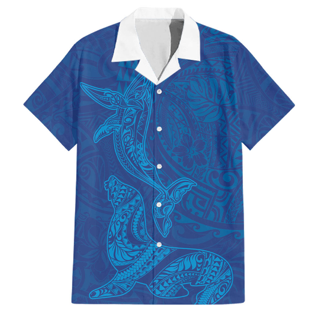 Hawaiian Monk Seal and Whale Family Matching Long Sleeve Bodycon Dress and Hawaiian Shirt Kakau Tribal Pattern Blue Color