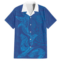 Hawaiian Monk Seal and Whale Family Matching Long Sleeve Bodycon Dress and Hawaiian Shirt Kakau Tribal Pattern Blue Color