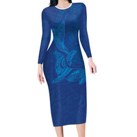 Hawaiian Monk Seal and Whale Family Matching Long Sleeve Bodycon Dress and Hawaiian Shirt Kakau Tribal Pattern Blue Color