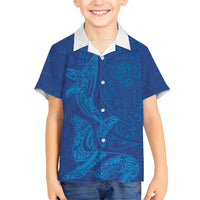 Hawaiian Monk Seal and Whale Family Matching Long Sleeve Bodycon Dress and Hawaiian Shirt Kakau Tribal Pattern Blue Color