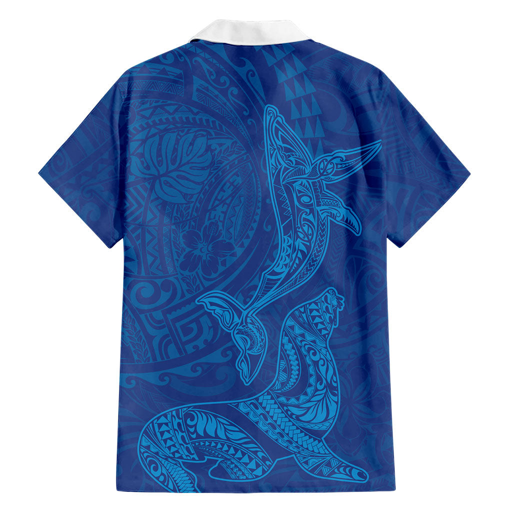 Hawaiian Monk Seal and Whale Family Matching Mermaid Dress and Hawaiian Shirt Kakau Tribal Pattern Blue Color