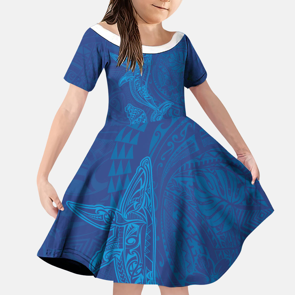 Hawaiian Monk Seal and Whale Family Matching Off The Shoulder Long Sleeve Dress and Hawaiian Shirt Kakau Tribal Pattern Blue Color