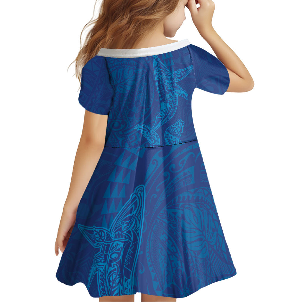 Hawaiian Monk Seal and Whale Family Matching Off The Shoulder Long Sleeve Dress and Hawaiian Shirt Kakau Tribal Pattern Blue Color