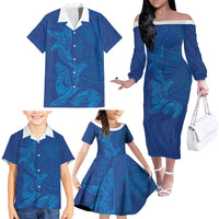 Hawaiian Monk Seal and Whale Family Matching Off The Shoulder Long Sleeve Dress and Hawaiian Shirt Kakau Tribal Pattern Blue Color