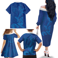 Hawaiian Monk Seal and Whale Family Matching Off The Shoulder Long Sleeve Dress and Hawaiian Shirt Kakau Tribal Pattern Blue Color