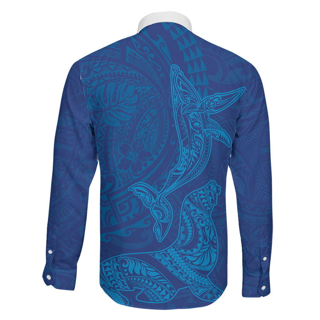 Hawaiian Monk Seal and Whale Family Matching Off The Shoulder Long Sleeve Dress and Hawaiian Shirt Kakau Tribal Pattern Blue Color