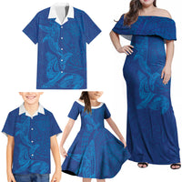 Hawaiian Monk Seal and Whale Family Matching Off Shoulder Maxi Dress and Hawaiian Shirt Kakau Tribal Pattern Blue Color