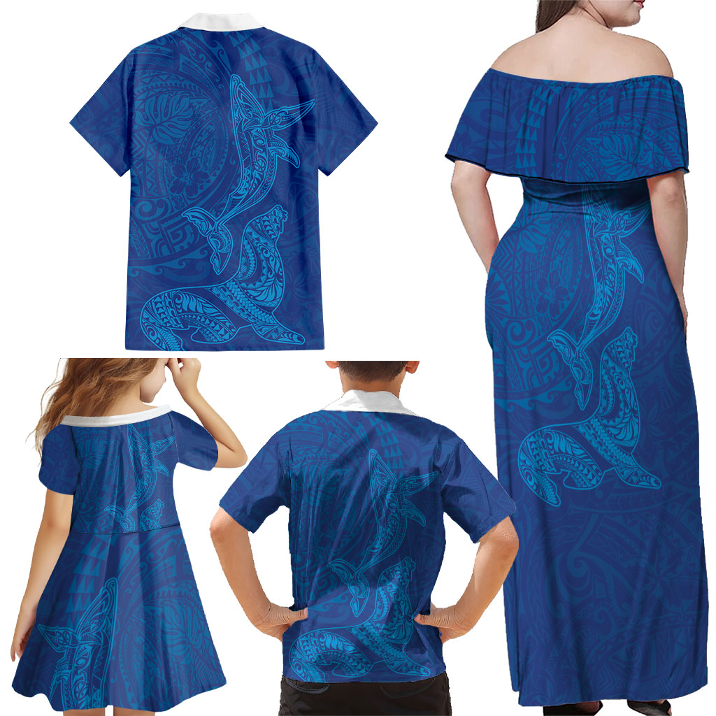 Hawaiian Monk Seal and Whale Family Matching Off Shoulder Maxi Dress and Hawaiian Shirt Kakau Tribal Pattern Blue Color