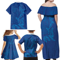 Hawaiian Monk Seal and Whale Family Matching Off Shoulder Maxi Dress and Hawaiian Shirt Kakau Tribal Pattern Blue Color