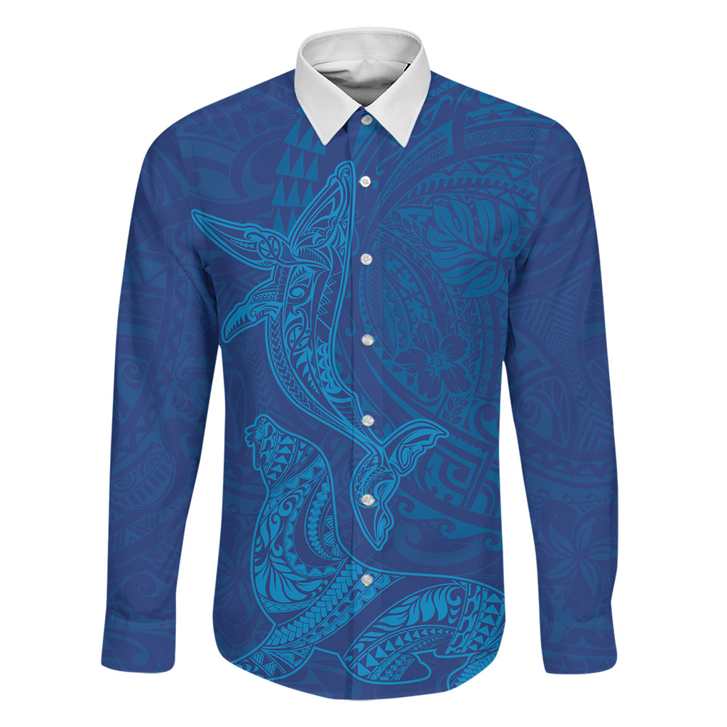 Hawaiian Monk Seal and Whale Family Matching Off Shoulder Maxi Dress and Hawaiian Shirt Kakau Tribal Pattern Blue Color