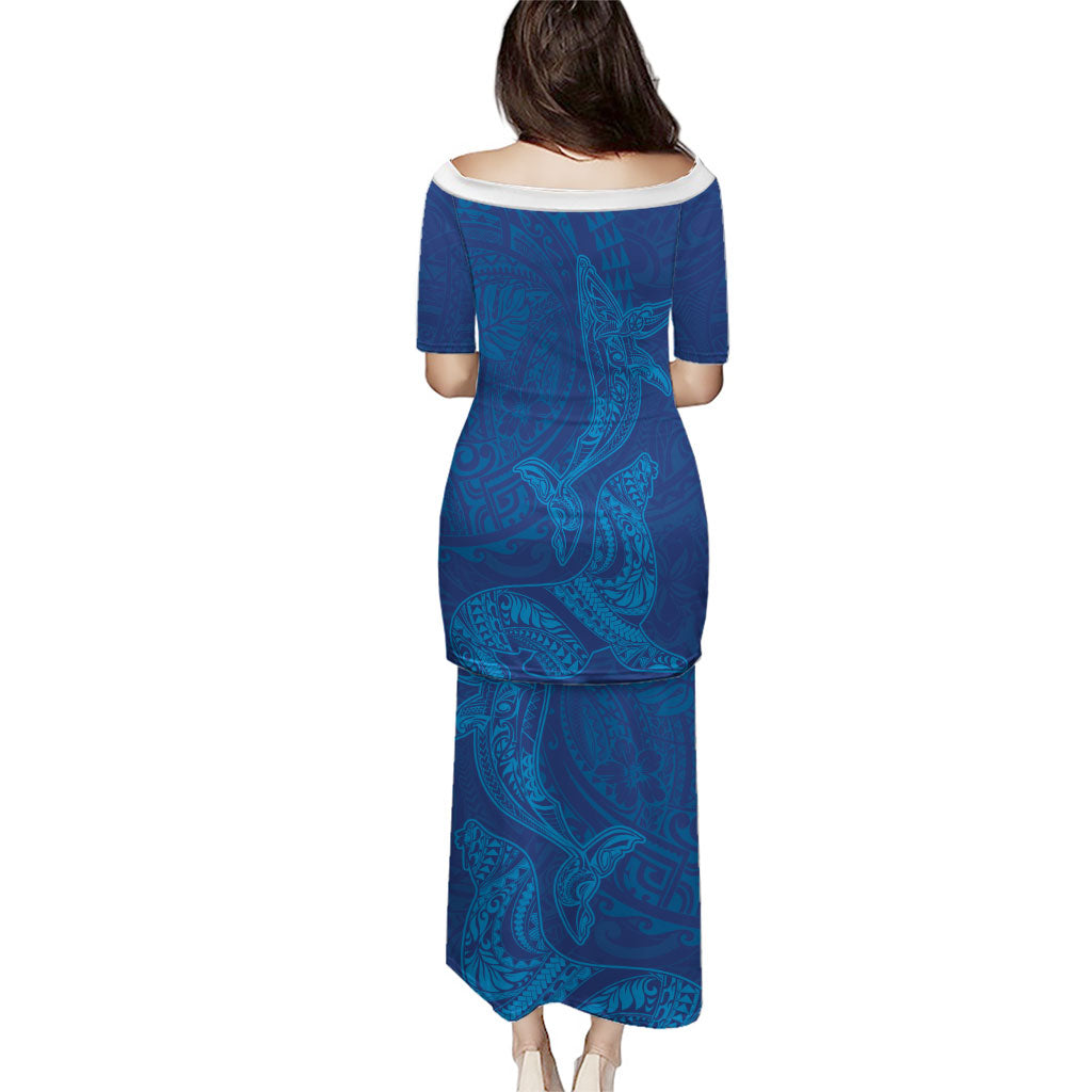 Hawaiian Monk Seal and Whale Family Matching Puletasi and Hawaiian Shirt Kakau Tribal Pattern Blue Color