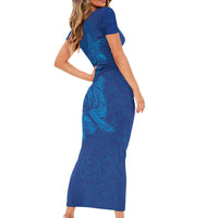 Hawaiian Monk Seal and Whale Family Matching Short Sleeve Bodycon Dress and Hawaiian Shirt Kakau Tribal Pattern Blue Color