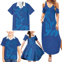 Hawaiian Monk Seal and Whale Family Matching Summer Maxi Dress and Hawaiian Shirt Kakau Tribal Pattern Blue Color