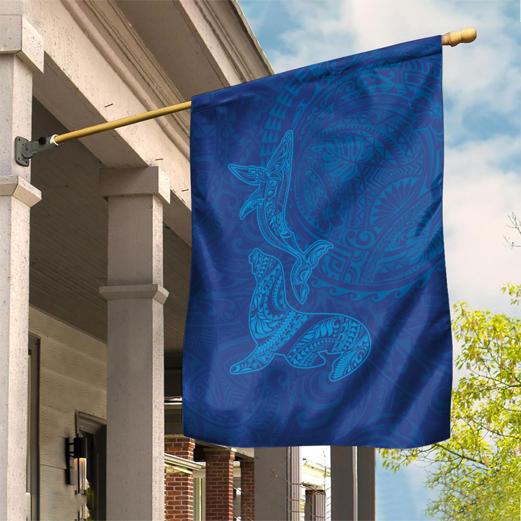 Hawaiian Monk Seal and Whale Garden Flag Kakau Tribal Pattern Blue Color