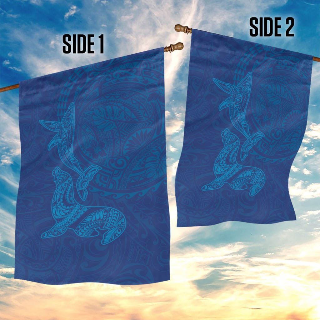 Hawaiian Monk Seal and Whale Garden Flag Kakau Tribal Pattern Blue Color LT03 - Polynesian Pride