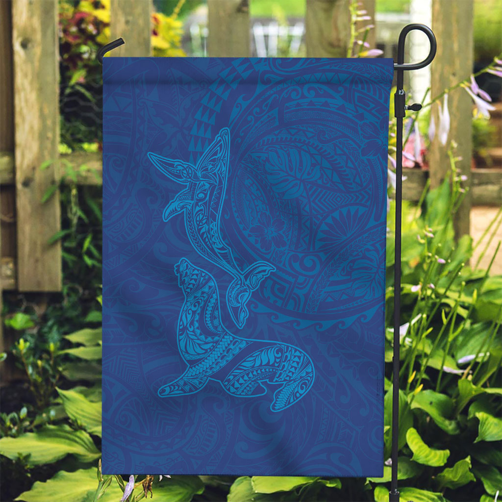 Hawaiian Monk Seal and Whale Garden Flag Kakau Tribal Pattern Blue Color LT03 Garden Flag Blue - Polynesian Pride