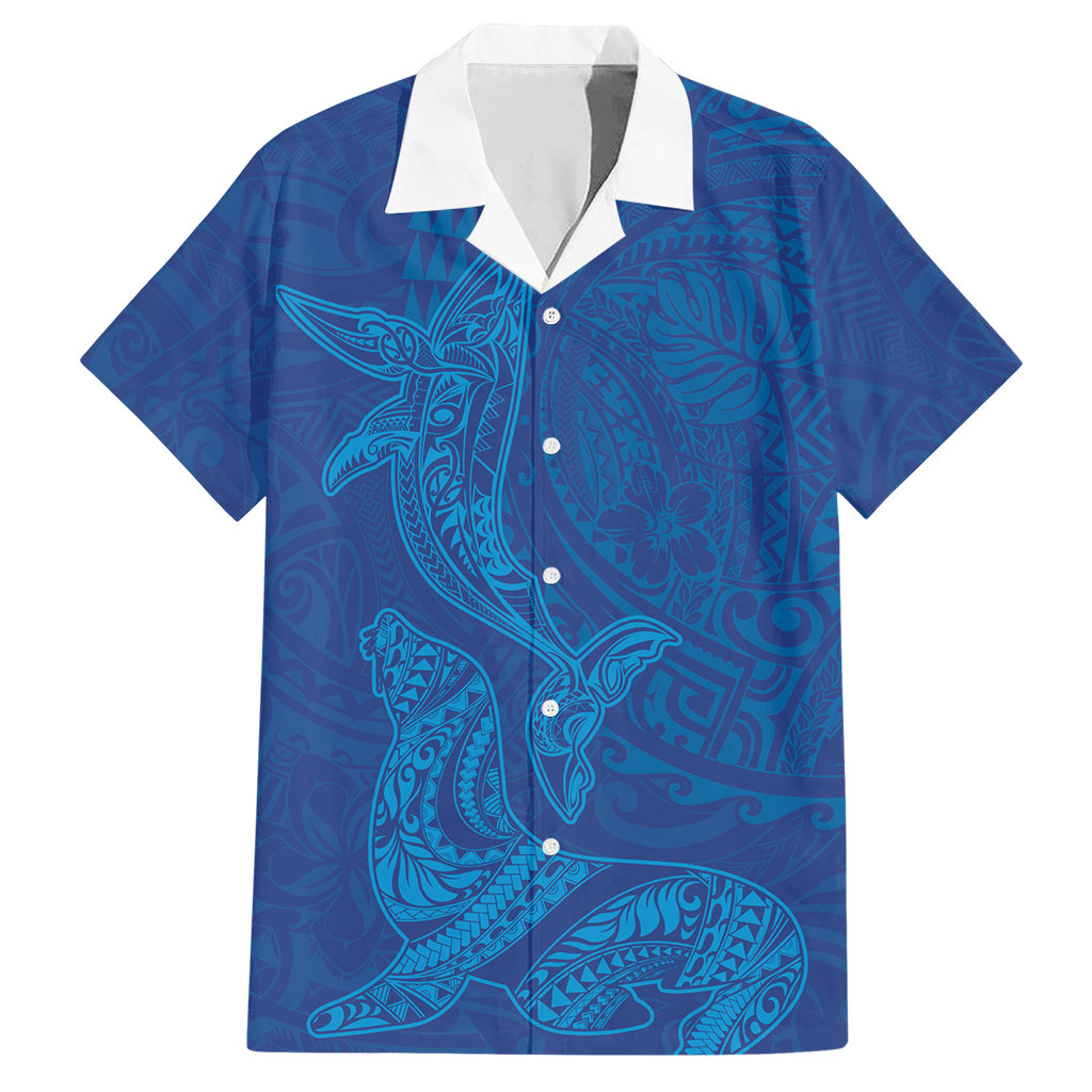 Hawaiian Monk Seal and Whale Hawaiian Shirt Kakau Tribal Pattern Blue Color LT03 Blue - Polynesian Pride