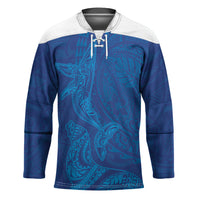 Hawaiian Monk Seal and Whale Hockey Jersey Kakau Tribal Pattern Blue Color LT03 Unisex Blue - Polynesian Pride