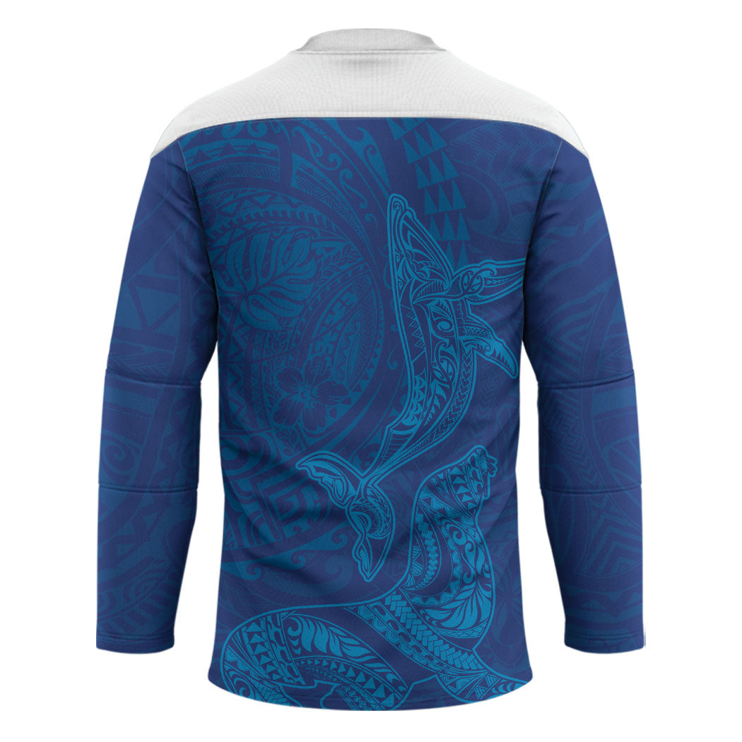 Hawaiian Monk Seal and Whale Hockey Jersey Kakau Tribal Pattern Blue Color LT03 - Polynesian Pride