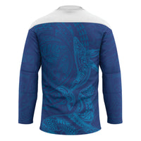 Hawaiian Monk Seal and Whale Hockey Jersey Kakau Tribal Pattern Blue Color LT03 - Polynesian Pride