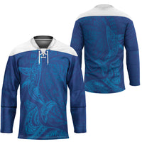 Hawaiian Monk Seal and Whale Hockey Jersey Kakau Tribal Pattern Blue Color LT03 - Polynesian Pride