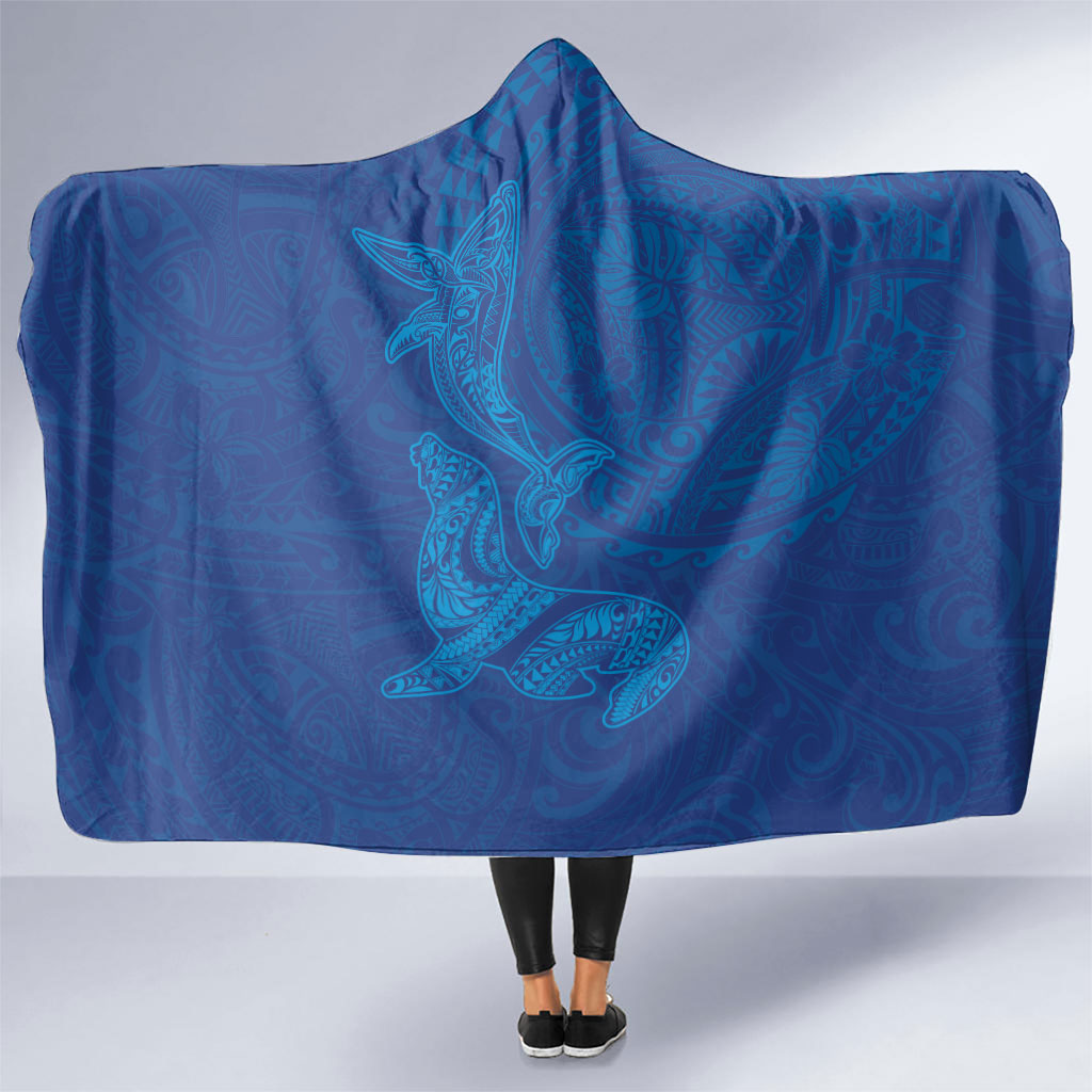 Hawaiian Monk Seal and Whale Hooded Blanket Kakau Tribal Pattern Blue Color
