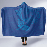 Hawaiian Monk Seal and Whale Hooded Blanket Kakau Tribal Pattern Blue Color