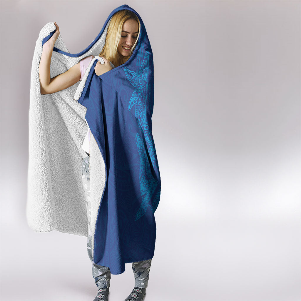 Hawaiian Monk Seal and Whale Hooded Blanket Kakau Tribal Pattern Blue Color