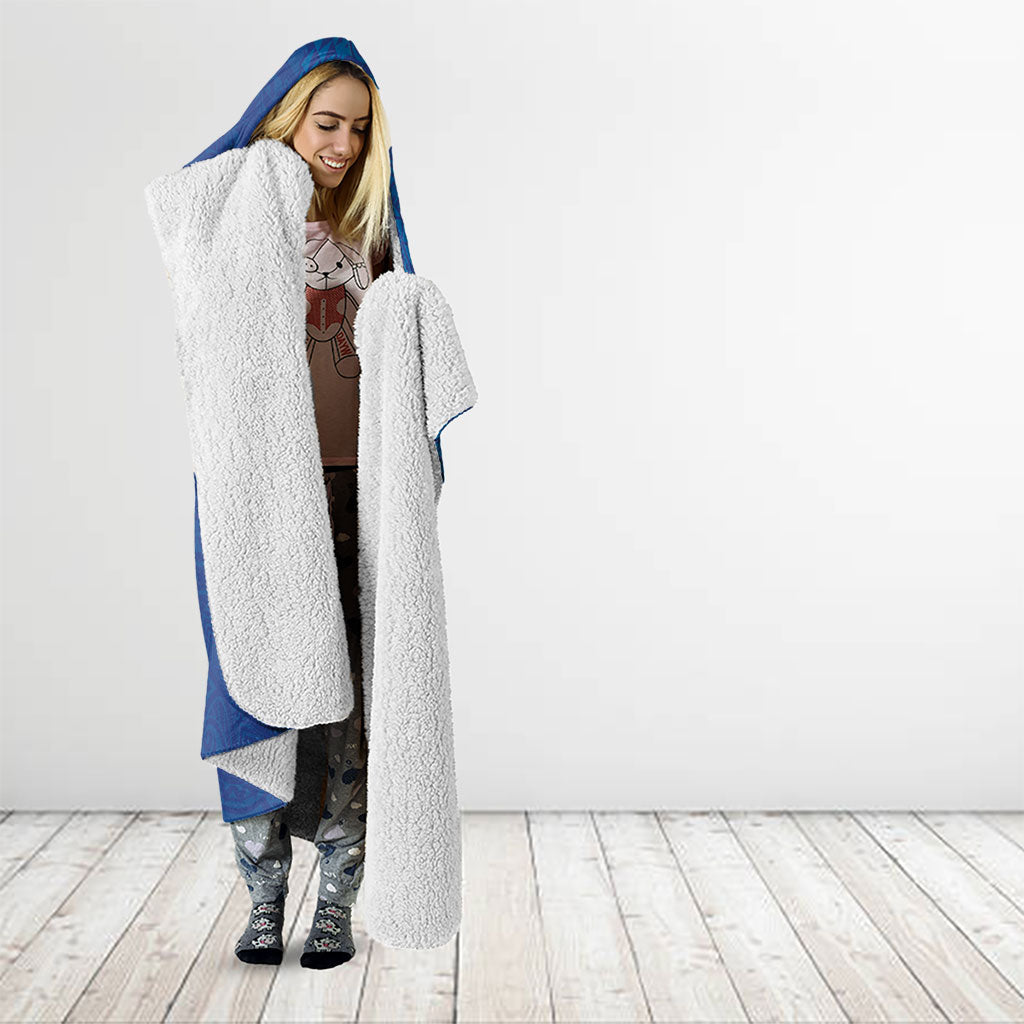 Hawaiian Monk Seal and Whale Hooded Blanket Kakau Tribal Pattern Blue Color