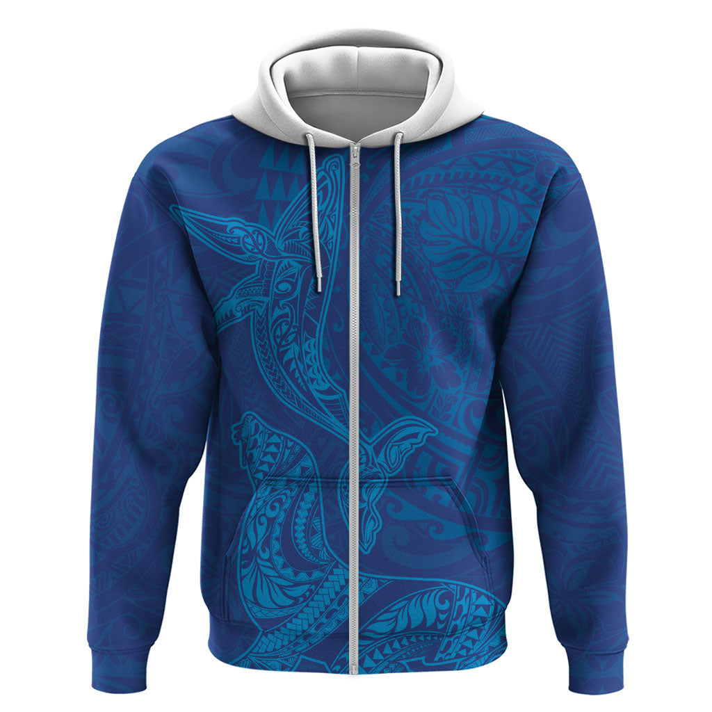 Hawaiian Monk Seal and Whale Hoodie Kakau Tribal Pattern Blue Color LT03 Zip Hoodie Blue - Polynesian Pride