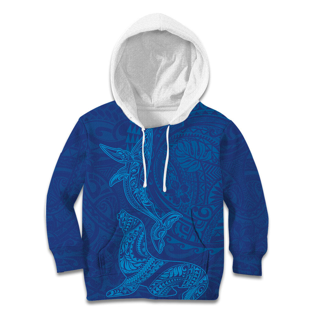 Hawaiian Monk Seal and Whale Kid Hoodie Kakau Tribal Pattern Blue Color LT03 Hoodie Blue - Polynesian Pride