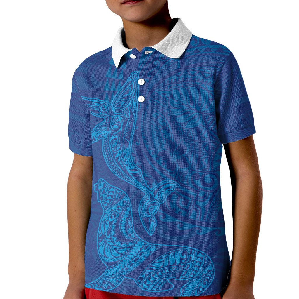 Hawaiian Monk Seal and Whale Kid Polo Shirt Kakau Tribal Pattern Blue Color LT03 Kid Blue - Polynesian Pride