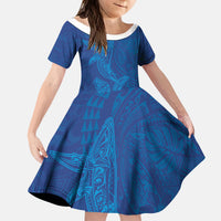 Hawaiian Monk Seal and Whale Kid Short Sleeve Dress Kakau Tribal Pattern Blue Color LT03 KID Blue - Polynesian Pride