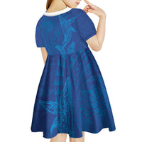Hawaiian Monk Seal and Whale Kid Short Sleeve Dress Kakau Tribal Pattern Blue Color LT03 - Polynesian Pride