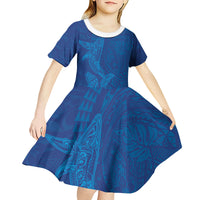 Hawaiian Monk Seal and Whale Kid Short Sleeve Dress Kakau Tribal Pattern Blue Color LT03 - Polynesian Pride