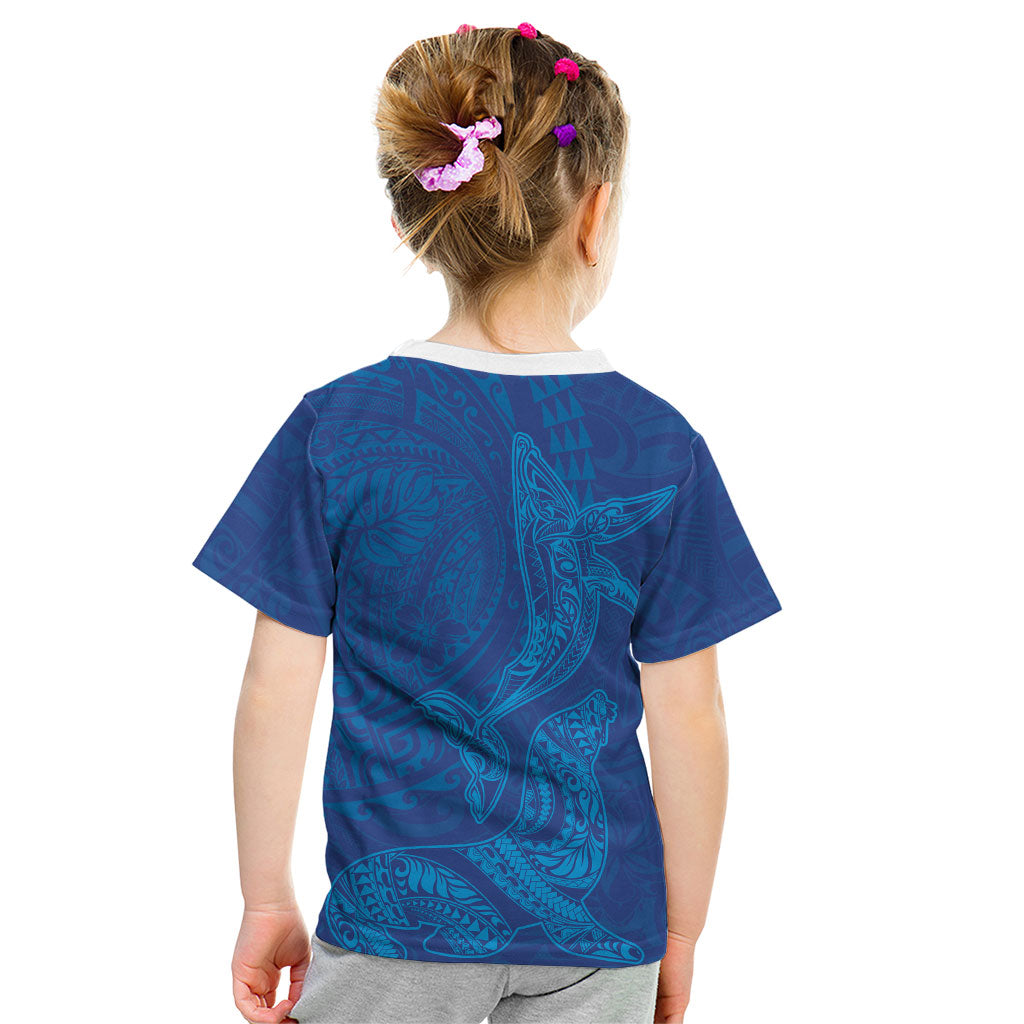 Hawaiian Monk Seal and Whale Kid T Shirt Kakau Tribal Pattern Blue Color LT03 - Polynesian Pride