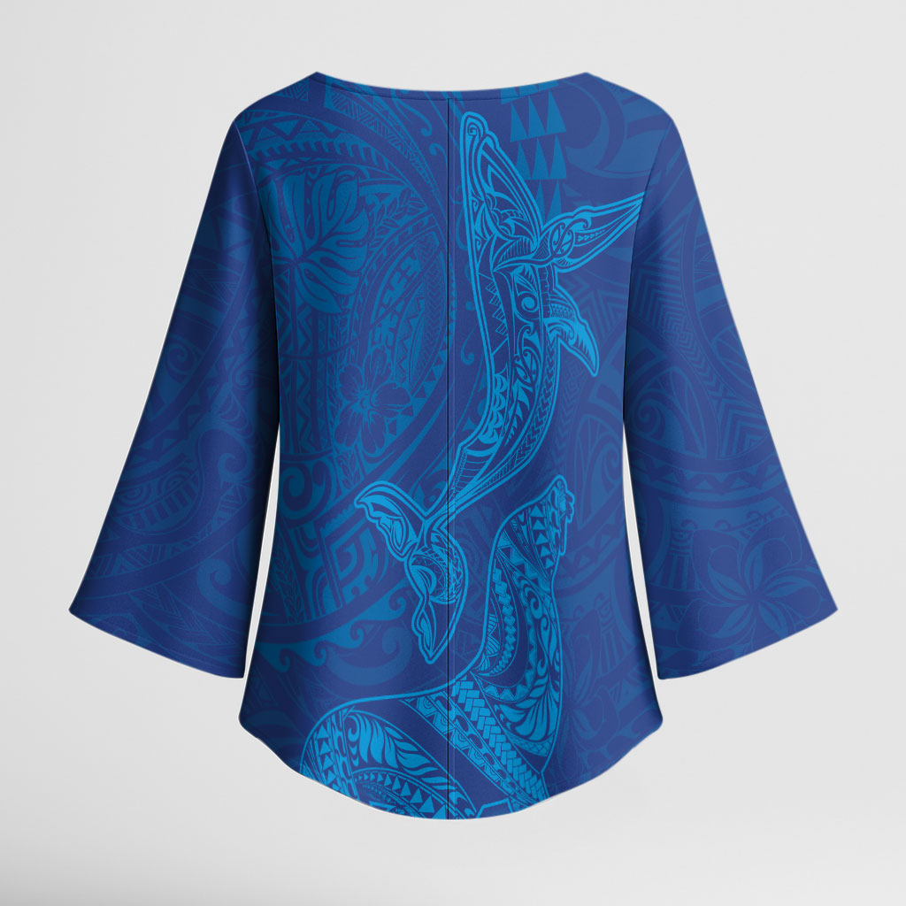 Hawaiian Monk Seal and Whale Kimono Sleeve Blouse Kakau Tribal Pattern Blue Color LT03 - Polynesian Pride