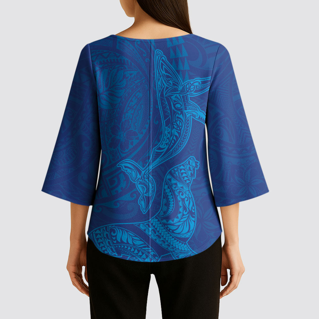 Hawaiian Monk Seal and Whale Kimono Sleeve Blouse Kakau Tribal Pattern Blue Color LT03 - Polynesian Pride