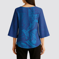 Hawaiian Monk Seal and Whale Kimono Sleeve Blouse Kakau Tribal Pattern Blue Color LT03 - Polynesian Pride
