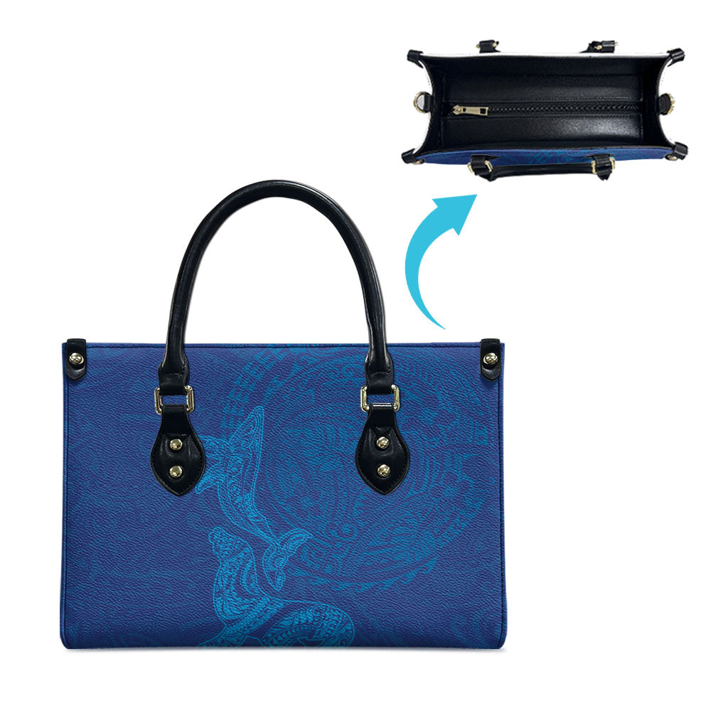 Hawaiian Monk Seal and Whale Leather Bag Kakau Tribal Pattern Blue Color LT03 - Polynesian Pride
