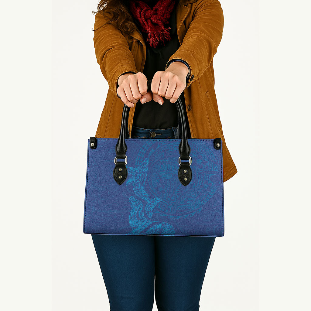 Hawaiian Monk Seal and Whale Leather Bag Kakau Tribal Pattern Blue Color LT03 - Polynesian Pride
